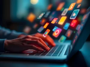Notebook com varios icones saindo da tela representando a criação de sites